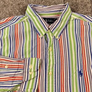 Vintage Ralph Lauren Shirt Mens 17.5/XL Colorful Striped Button Down Blue Pony